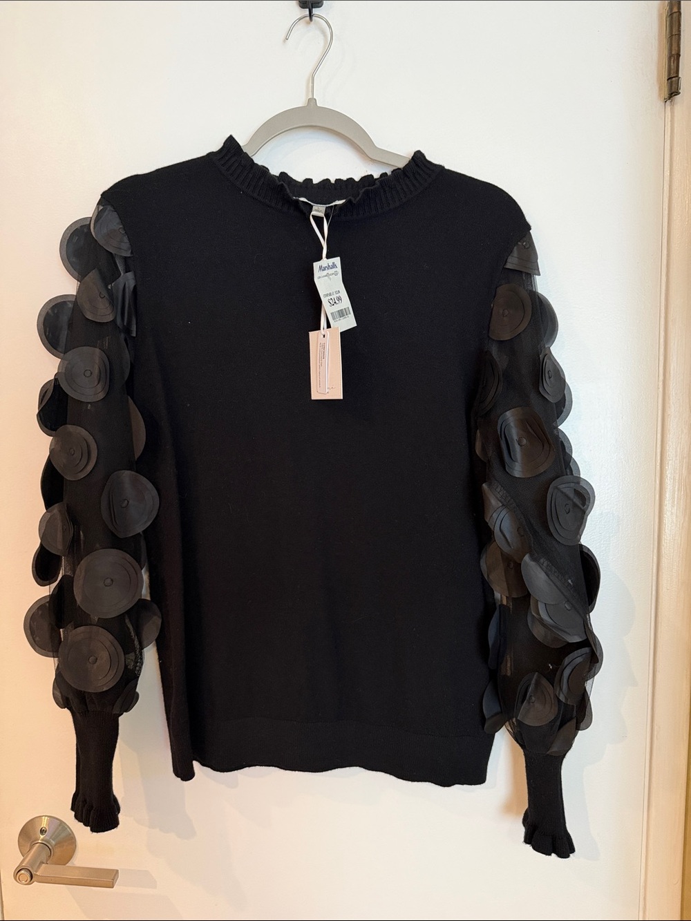 NEW Sioni Black Sweater with Sheer Disc-Embellished Sleeves